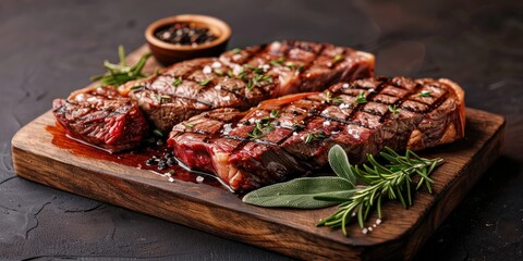 Canvas Print - Herb-seasoned dry-aged ribeye steaks on a modern wooden platter, complemented by black salt and room for additional information.