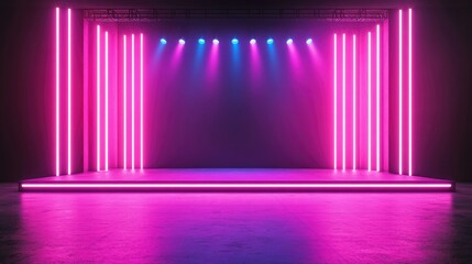 Poster - Abstract Background Featuring an Empty Stage Illuminated by Neon Lights