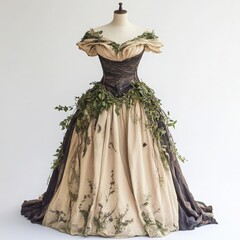 Elegant vintage gown adorned with green foliage, showcasing intricate design and natural accents on a white background. Perfect for formal occasions.