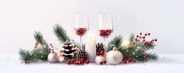 Wall Mural - A Christmas table setting with festive decor, featuring a watercolor style on a white background