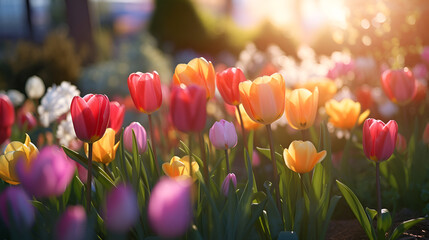 Wall Mural - space flowers blossom field green beautiful floral nature leaf copy background spring ,A stunning image of a field of brightly colored tulips