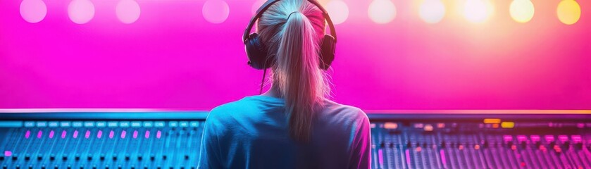 Rear view of female sound technician, vibrant studio lights, mixing console, professional audio gear, creative atmosphere, energetic recording scene