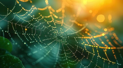 A macro shot of a spider web covered in morning dew, with warm sunlight shining through.