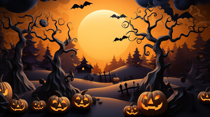 Illustration of Halloween holiday. Orange pumpkins, different scary decorations