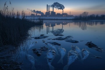 Dead fish floating in a polluted river with factory emitting smoke in background