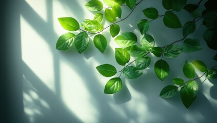 Poster - Close-up image of green leaves illuminated by sunlight streaming through a window.