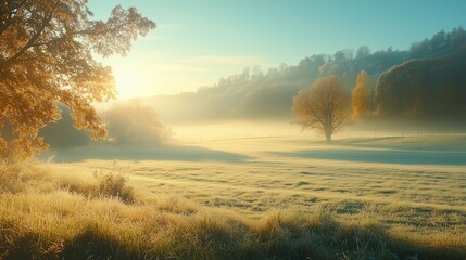 Poster - a peaceful sunrise over a misty meadow surrounded by autumn trees in a tranquil countryside setting