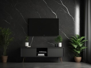 Wall Mural - Modern Living Room Interior with Black Marble Wall, TV, and Plants