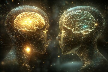 Poster - Silhouettes with interconnected brain sparks against a cosmic background symbolizing deep universal connections