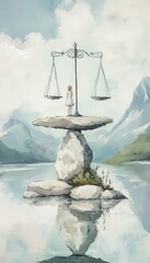 a serene landscape featuring a figure balancing scales on a rock, symbolizing harmony and justice in