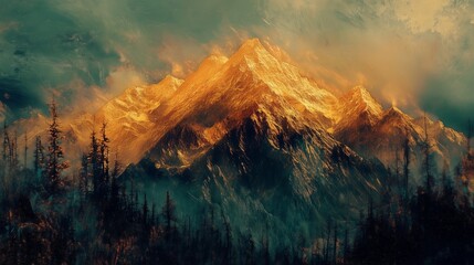 Wall Mural - majestic mountain peaks glow under a dramatic sky at sunset in a serene wilderness landscape