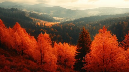 Wall Mural - vibrant autumn landscape showcasing orange-hued trees in a mountainous region during a serene aftern