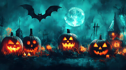 Wall Mural - Spooky Halloween Jack O Lanterns with Bat and Moon