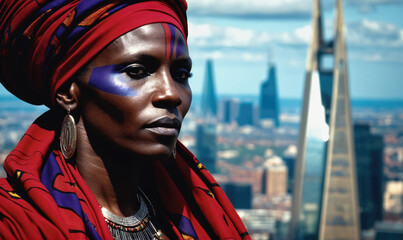 A woman in a colorful head wrap and traditional jewelry stands in front of a city skyline