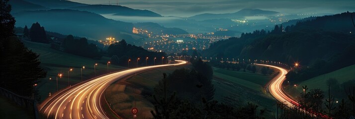 Sticker - Illuminated highway featuring streetlights and long streaks of car lights during the night. Evening landscape.