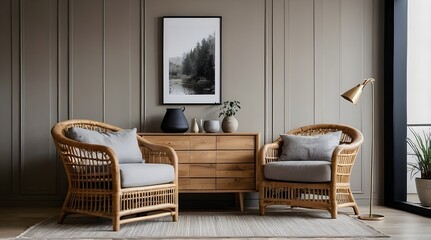 AI-Generated image of: Armchair near wooden wicker dresser against wall with three frames. Scandinavian interior design of modern living room.