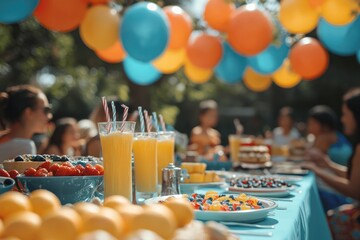 Colorful outdoor party with festive decorations and delicious food and drinks