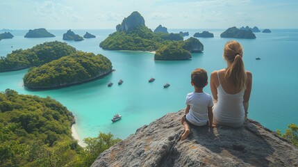 Poster - A mother and child enjoying the stunning view of limestone islands and turquoise waters in a tropical paradise during daytime