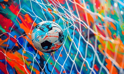 Soccer Ball in Goal. Multicolor Background. 