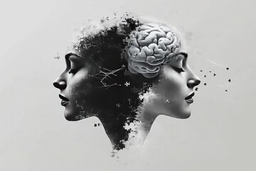 Wall Mural - A haunting image of a woman’s face merging into a brain symbolizing the complexity of human thought and emotion