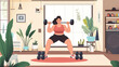 © Chatchanan - Determined overweight woman performing dumbbell exercises in a cozy living room,