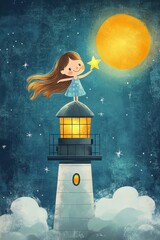 Wall Mural - an illustration of a cute happy little kid standing on top of a tower grabbing the stars on a peacef
