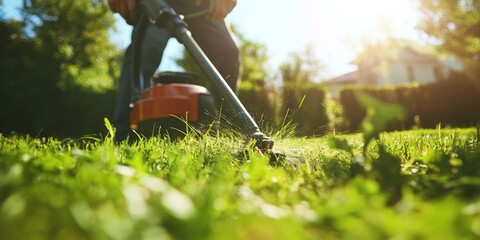 low angle view of gardener using lawn mower in sunny backyard: spring home maintenance and outdoor h