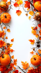 Wall Mural - Halloween border featuring vibrant pumpkins, autumn leaves, on white background with copy space seasonal invitations or decorations.