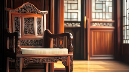 Elegant Chinese-style wooden furniture set against a background of polished wood grain,