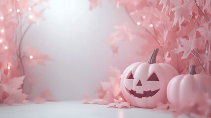 Wall Mural - Charming Halloween with soft pastel pink pumpkins and leaves with copy space for custom design