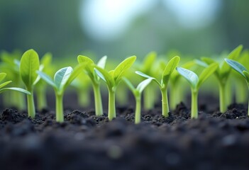 Rows of young green seedlings or sprouts emerging from the soil, with a blurred natural background