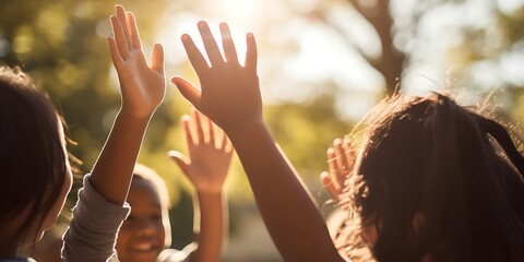 Closeup of children high-fiving, with a soft-focus background of a sunny park