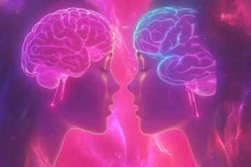 Canvas Print - Neon pink and purple brains in a conceptual artwork representing the synergy of ideas between two minds