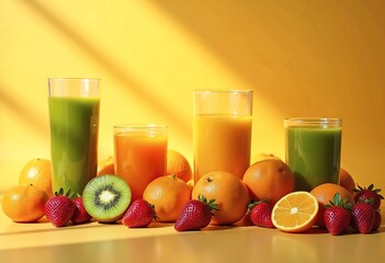 Poster - An assortment of fresh fruits and juices, including oranges, kiwi, strawberries, and glasses of orange and green juices