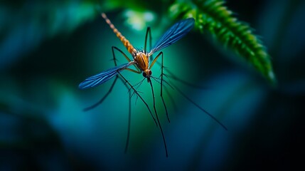 Wall Mural - A mosquito sitting on top of a green leaf