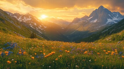 Canvas Print - Mountain Sunset with Wildflowers