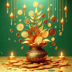 Wall Mural - Happy Dhanteras Background Illustration. Having Marigolds flowers, Diya, Gold coin