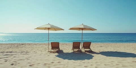 Serene Beachside Retreat: Two Umbrellas Casting Shadows on Wooden Loungers by Pristine Blue Ocean. Minimalist Summer Paradise Scene for Vacation Marketing, Travel Advertisements, and Relaxation Concep