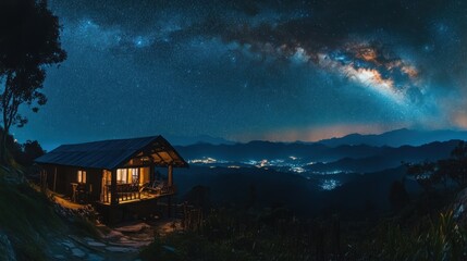 Poster - A small cabin is nestled in the mountains