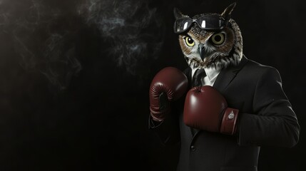 Owl in Suit and Boxing Gloves Ready to Fight