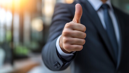 A businessman wearing a suit gives a thumbs up.