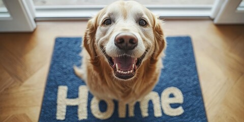 Joyful Golden Retriever Welcomes You Home: Smiling Dog on Blue Doormat with 