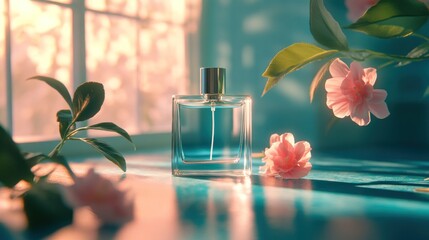 Poster - Perfume Bottle with Flowers and Sunlight