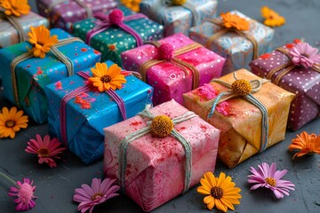 Poster - a group of wrapped presents with flowers. 