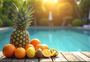 Poster - Tropical fruits including pineapple, oranges, lemons, and kiwi on a wooden deck next to a blue swimming pool