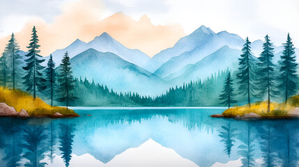 Canvas Print - Serene Mountain Lake - Watercolor Landscape Painting