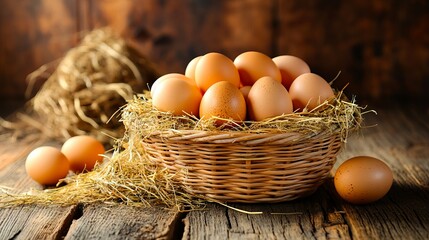 A basket full of brown eggs sitting on top of a wooden table