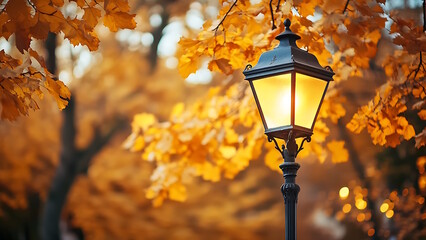 There is a street lamp with a warm glow, surrounded by yellow leaves.