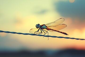 A dragonfly perched on an electric wire.