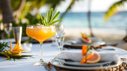 Wall Mural - A beachside dinner for the wedding complete with a custom tropical cocktail made by the couple